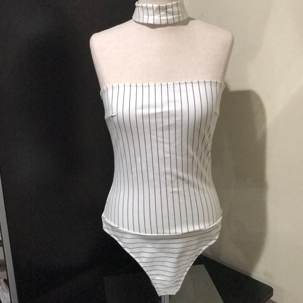 White pinstripe body suit with attached choker